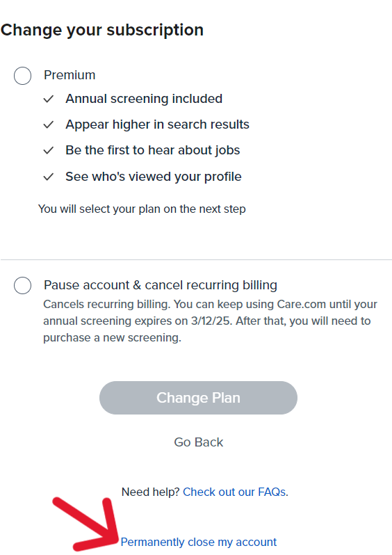How can I pause my membership or close my Care.com caregiver account?